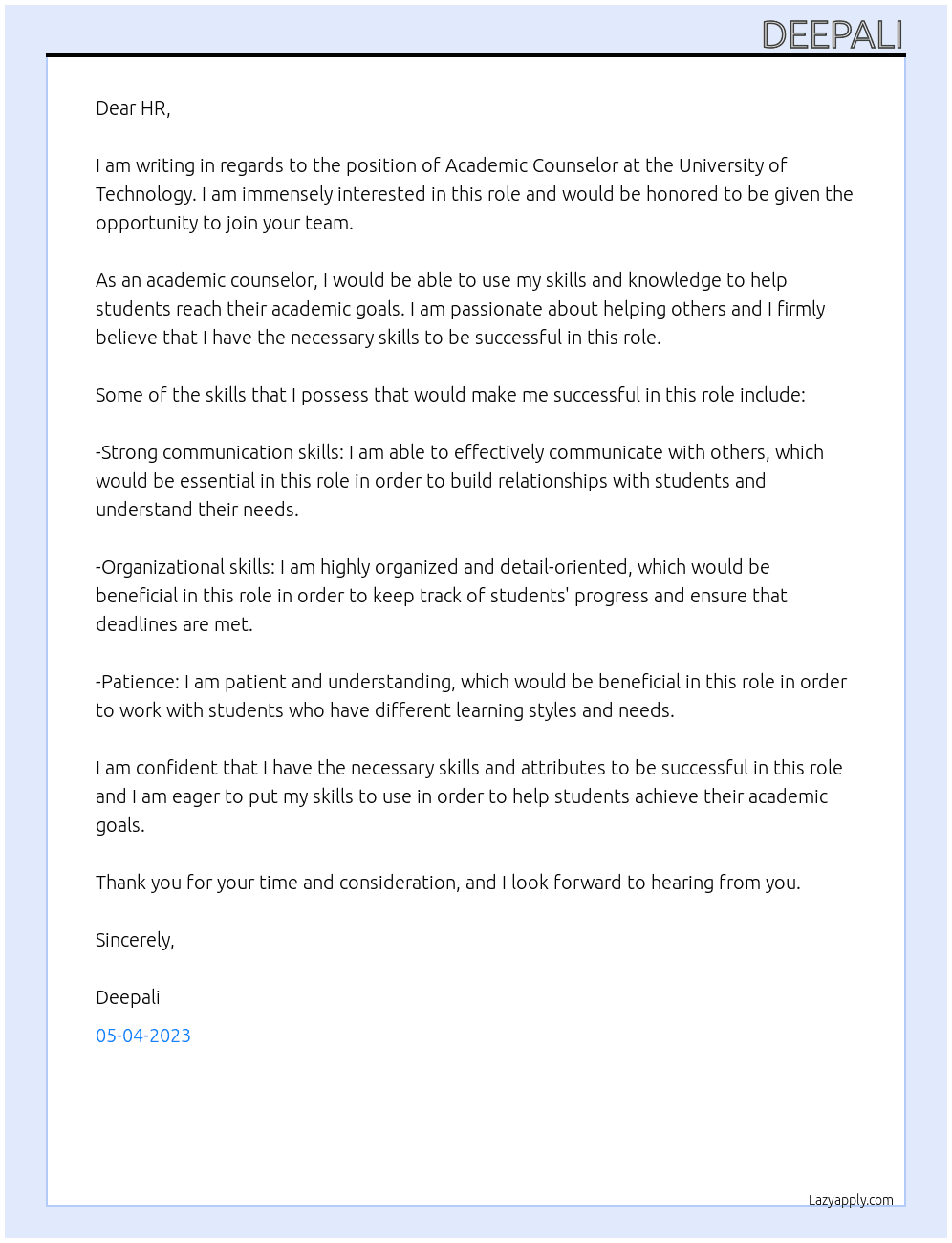 ACADEMIC COUNSELOR  At University of Technology  Cover Letter