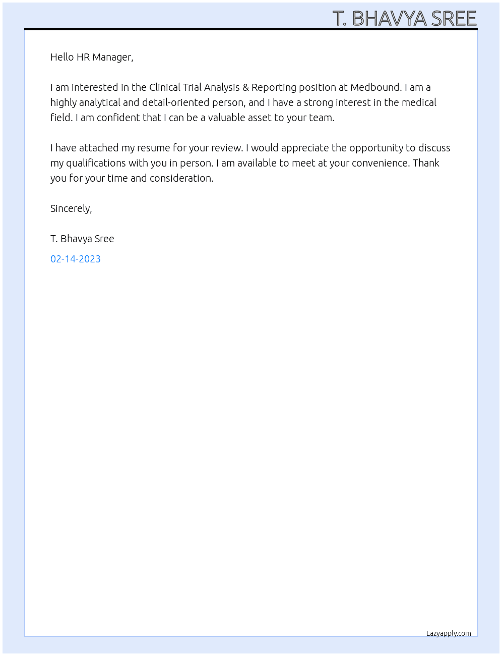 Clinical Trial Analysis & Reporting At Medbound Cover Letter