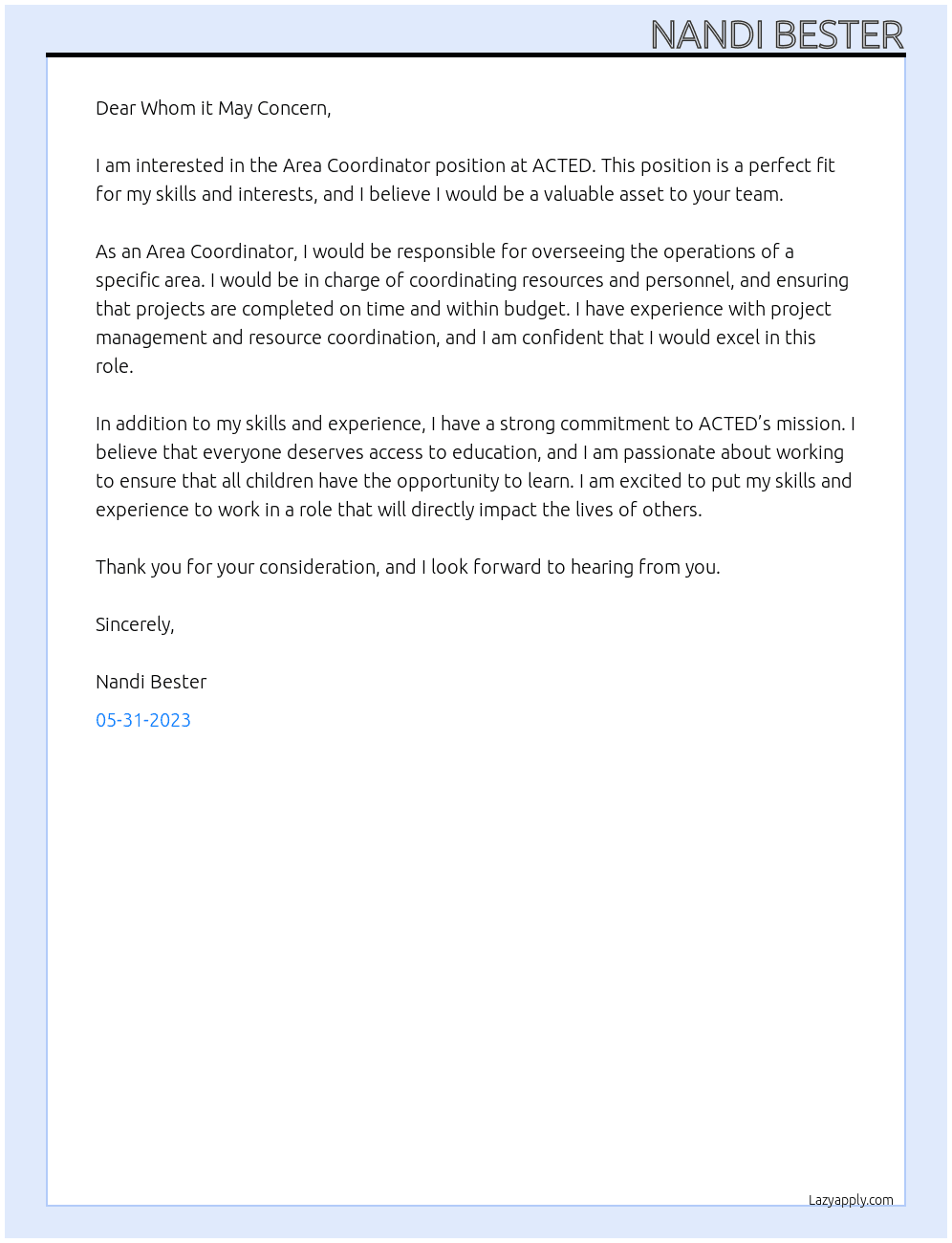 Area Coordinator  At ACTED Cover Letter