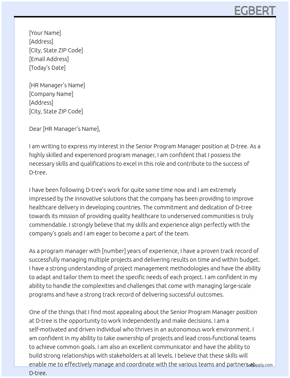 Senior Program Manager At D-tree Cover Letter
