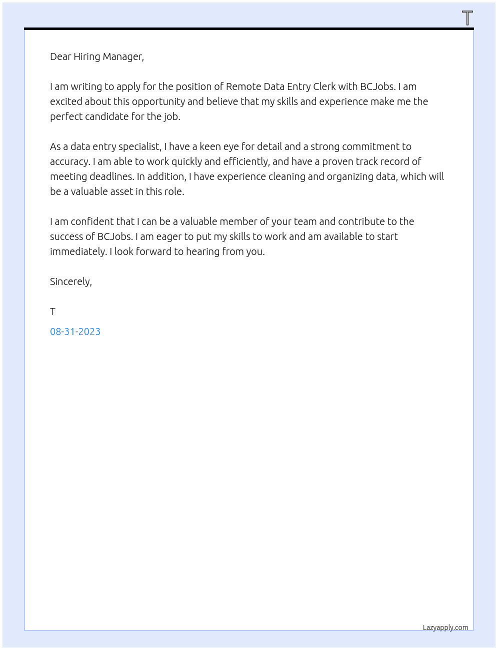 Remote Data Entry Clerk - Part time At BCJobs Cover Letter