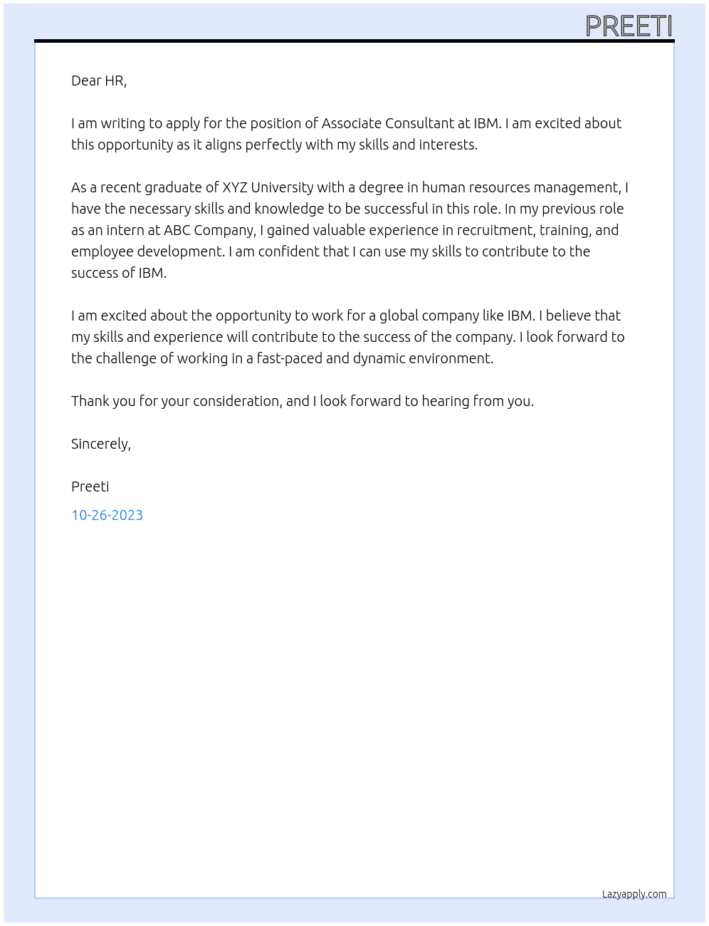 Associate Consultant At IBM Cover Letter
