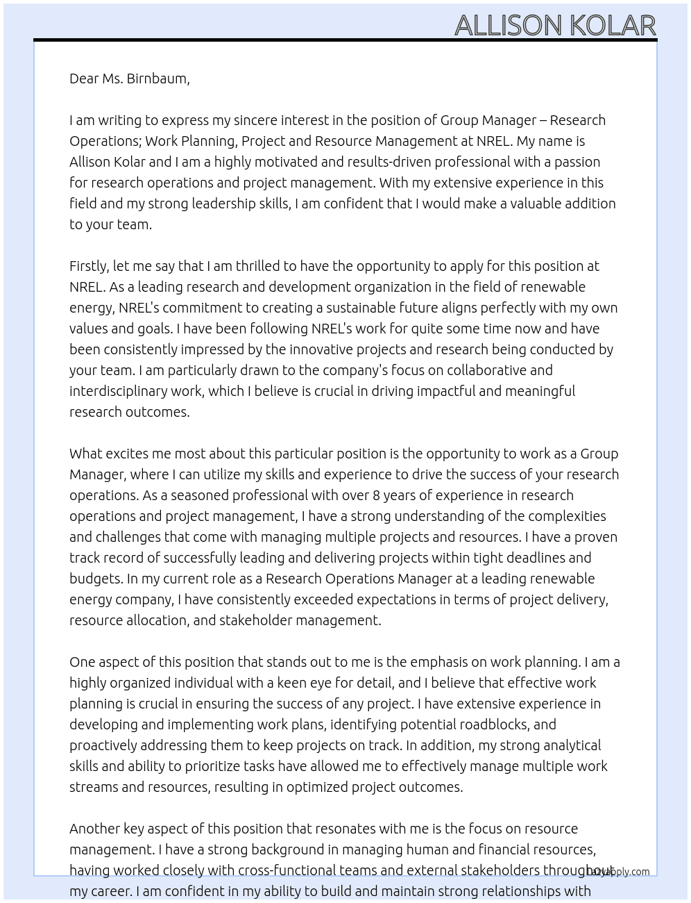 Group Manager – Research Operations; Work Planning, Project and Resource Management At NREL Cover Letter