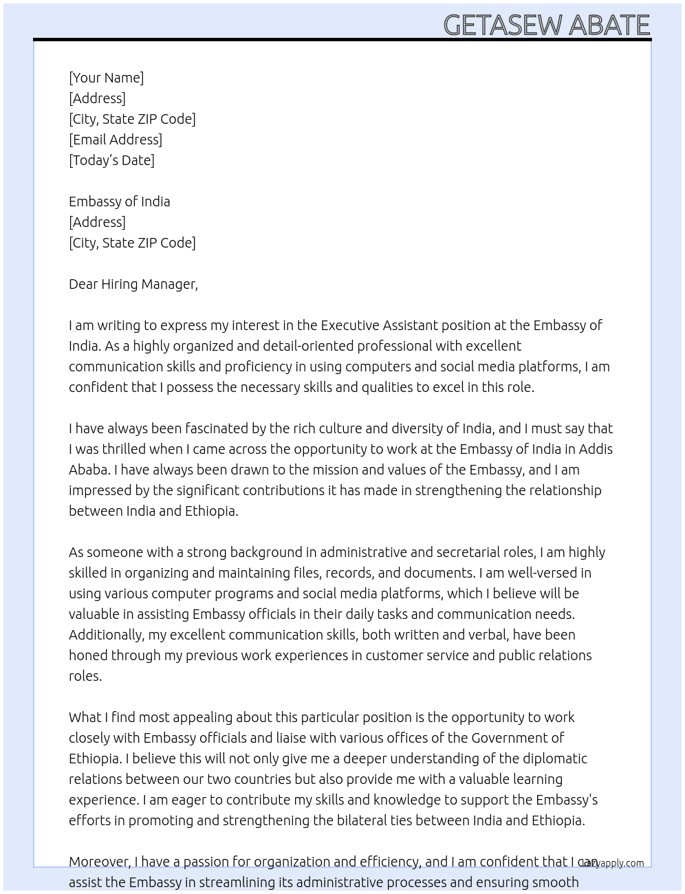 Executive Assistant At Embassy of India Cover Letter