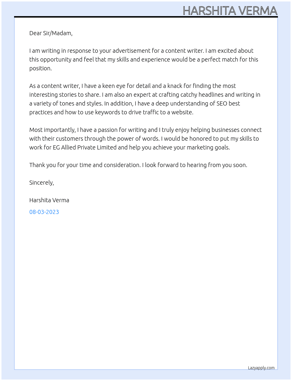 Content writing  At EG Allied Private Limited  Cover Letter