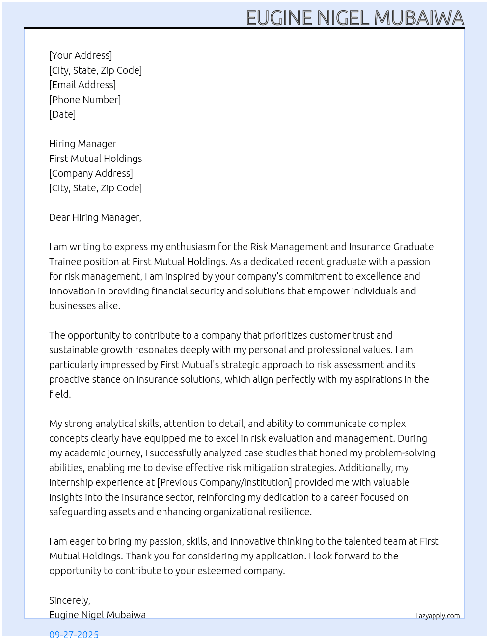 Risk Management and Insurance Graduate Trainee At First Mutual Holdings Cover Letter
