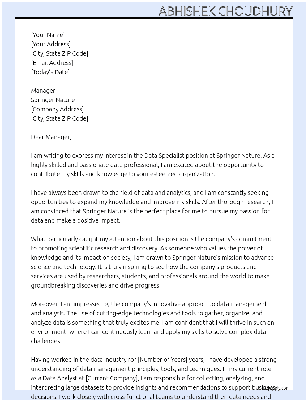 Data Specialist At Springer Nature Cover Letter