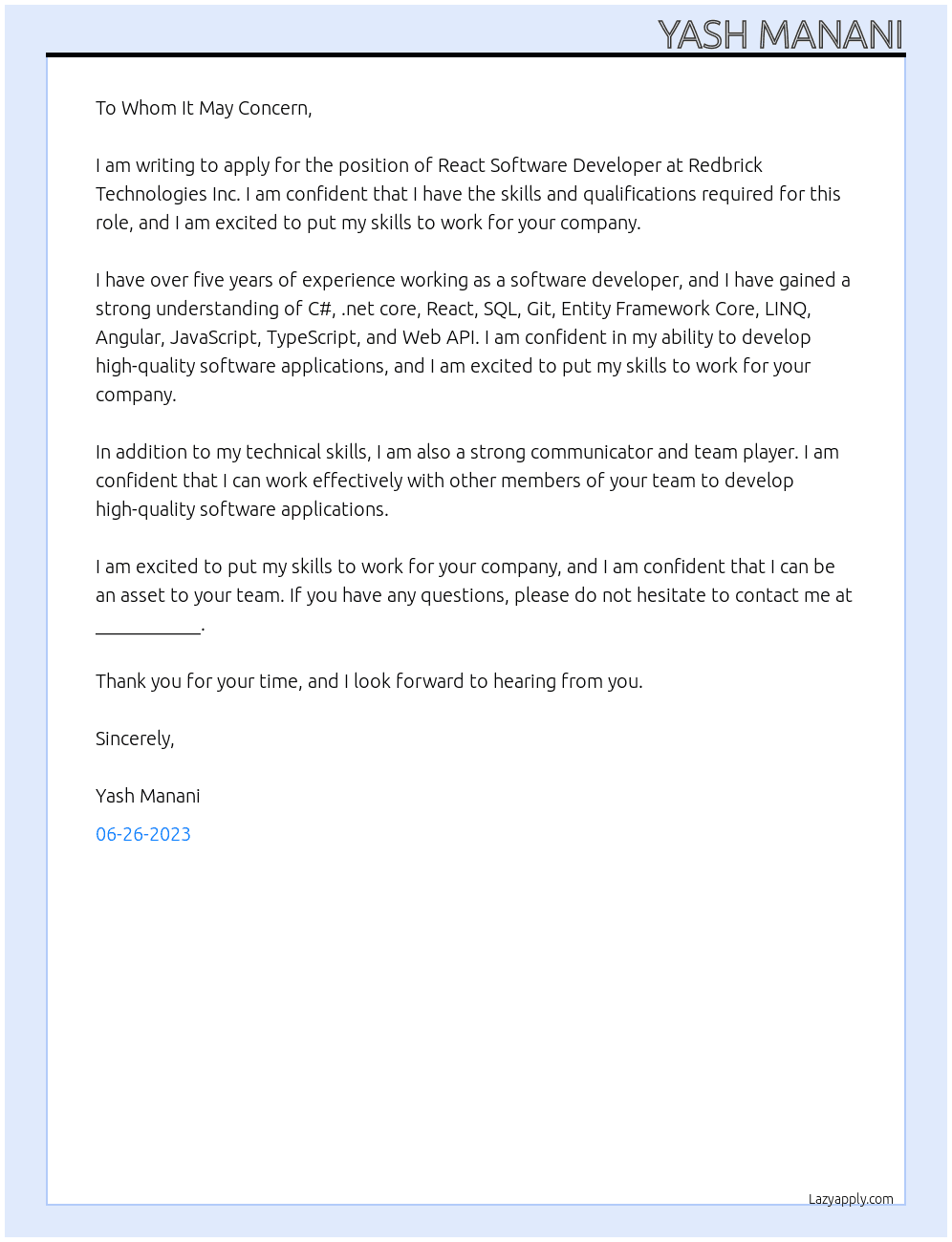 React Software Developer At Redbrick Technologies Inc. Cover Letter
