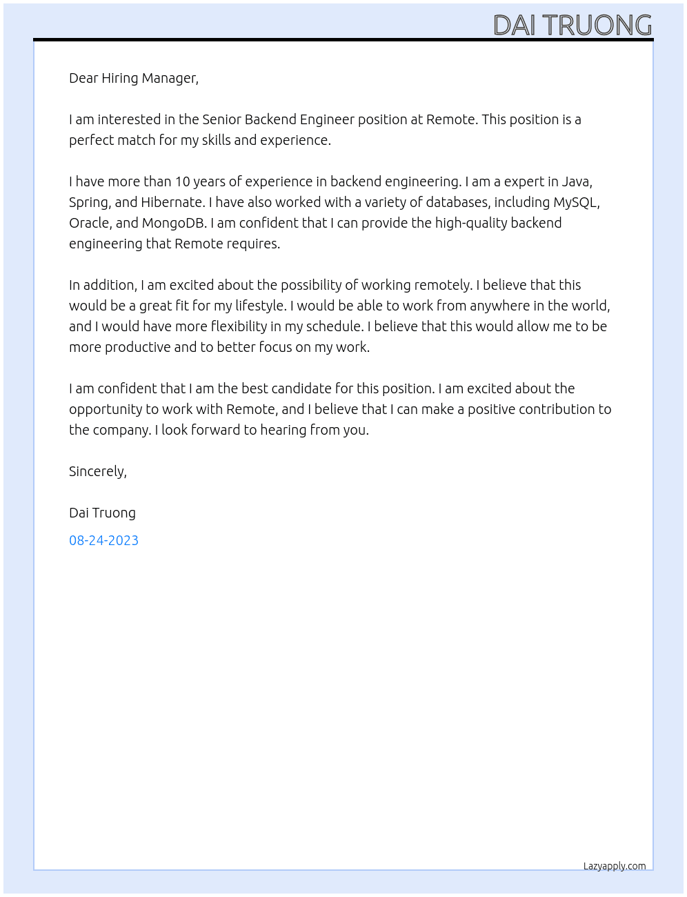 Senior Backend Engineer At Remote Cover Letter