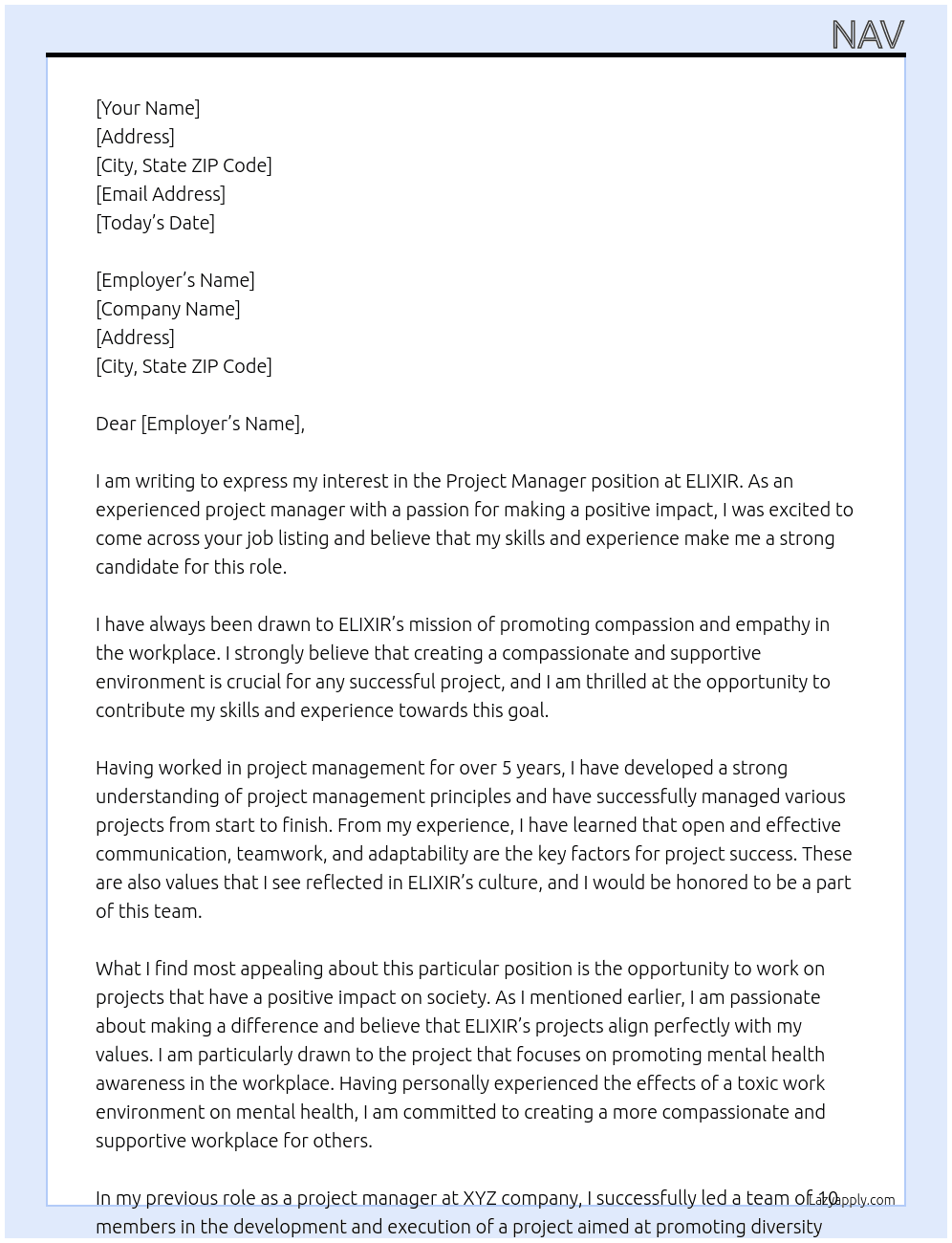 Project manager At ELIXIR Cover Letter