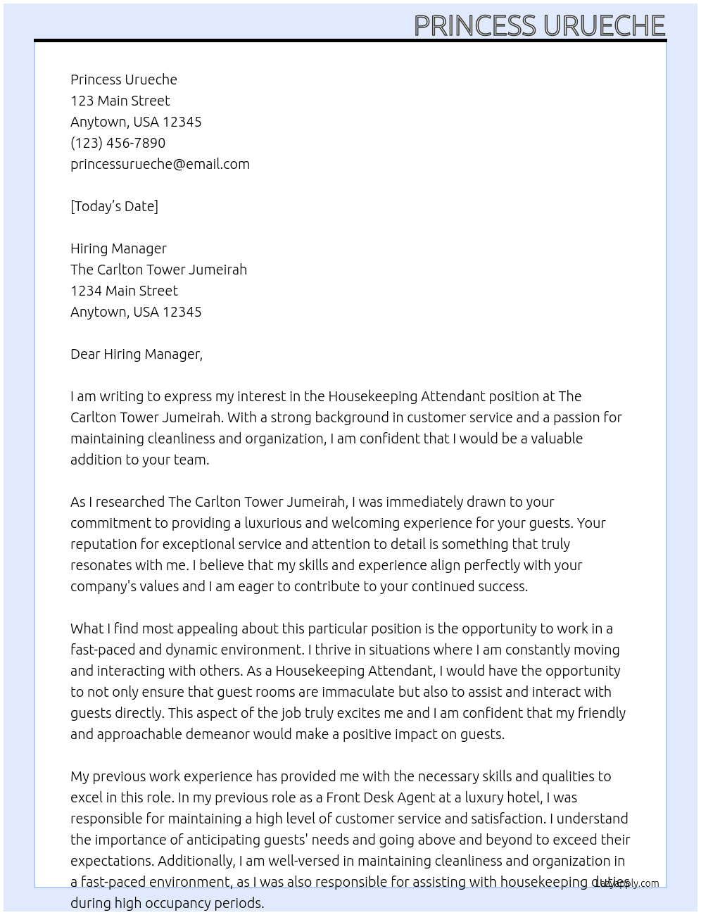 Housekeeping Attendant  At The Carlton Tower Jumeirah Cover Letter