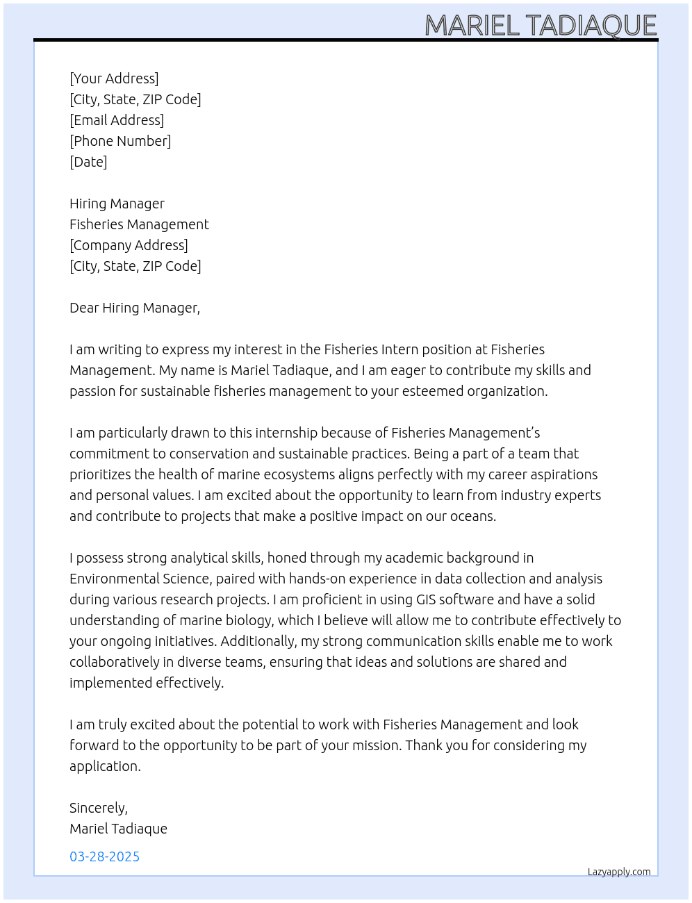 fisheries intern At fisheries management Cover Letter