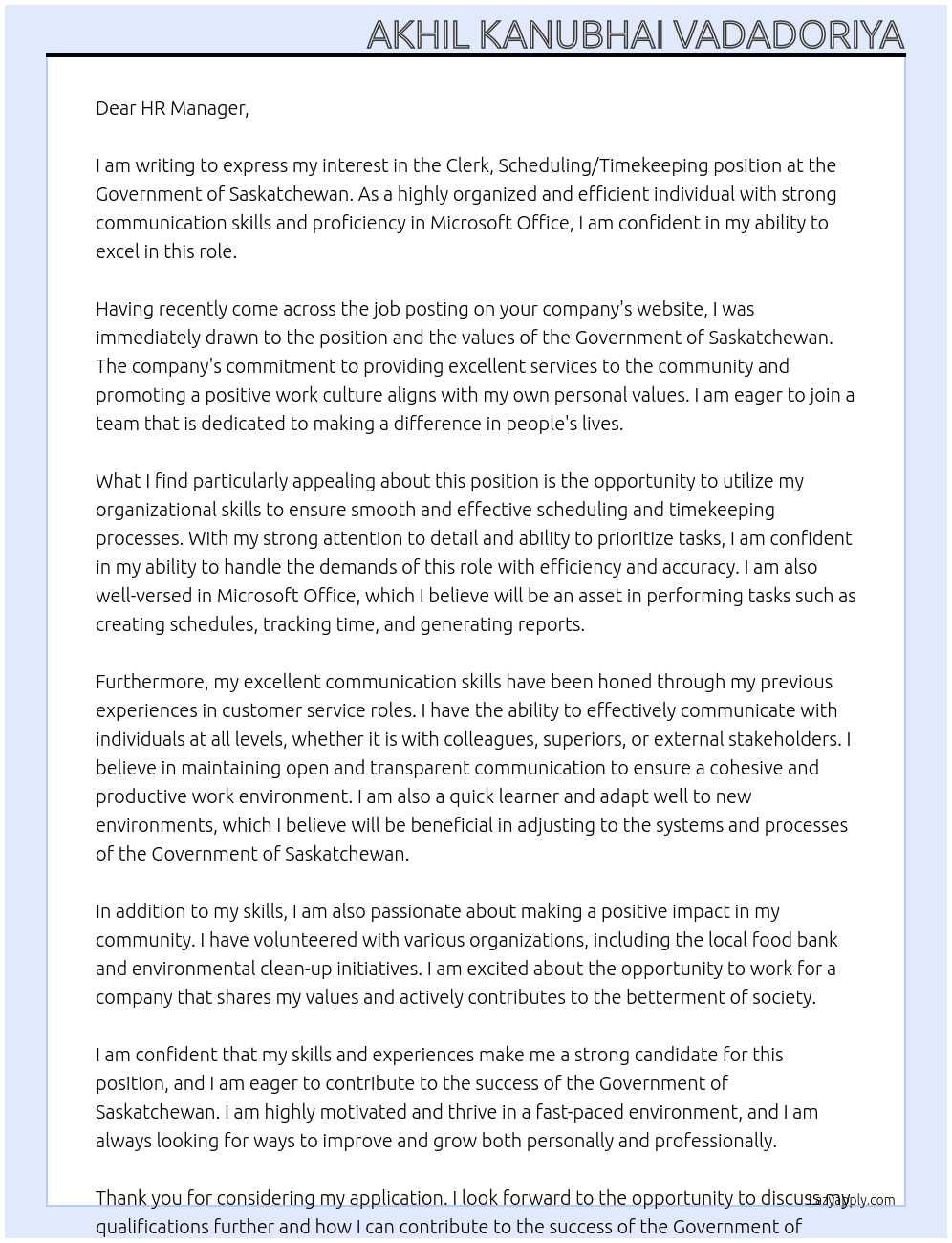 Clerk, Scheduling/Timekeeping At Government of Saskatchewan Cover Letter