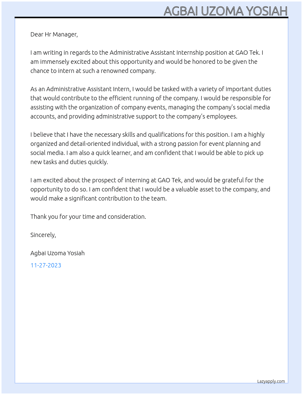 Administrative Assistant Internship At GAO Tek Cover Letter