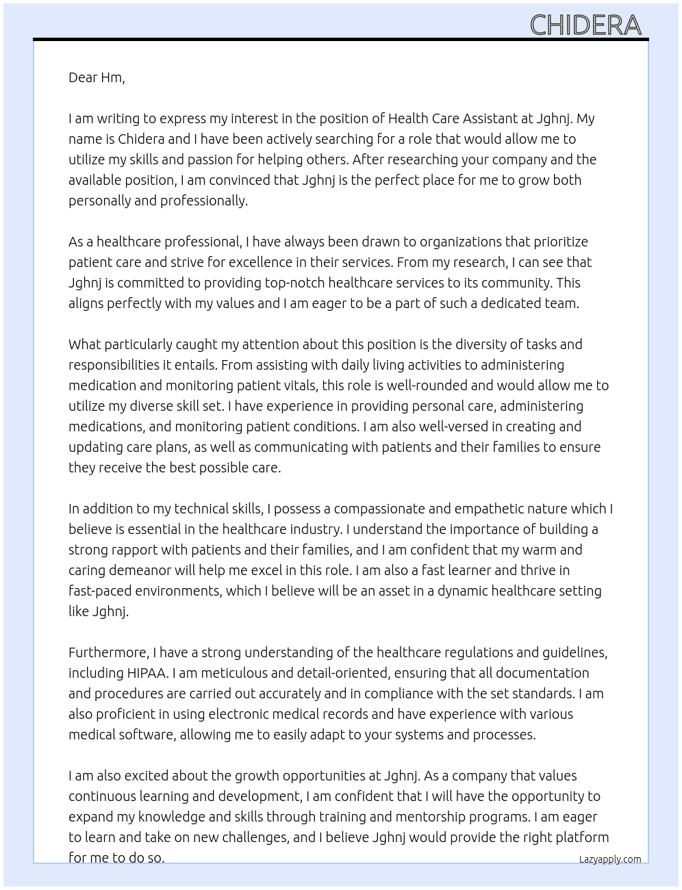 Health care Assistant  At Jghnj Cover Letter