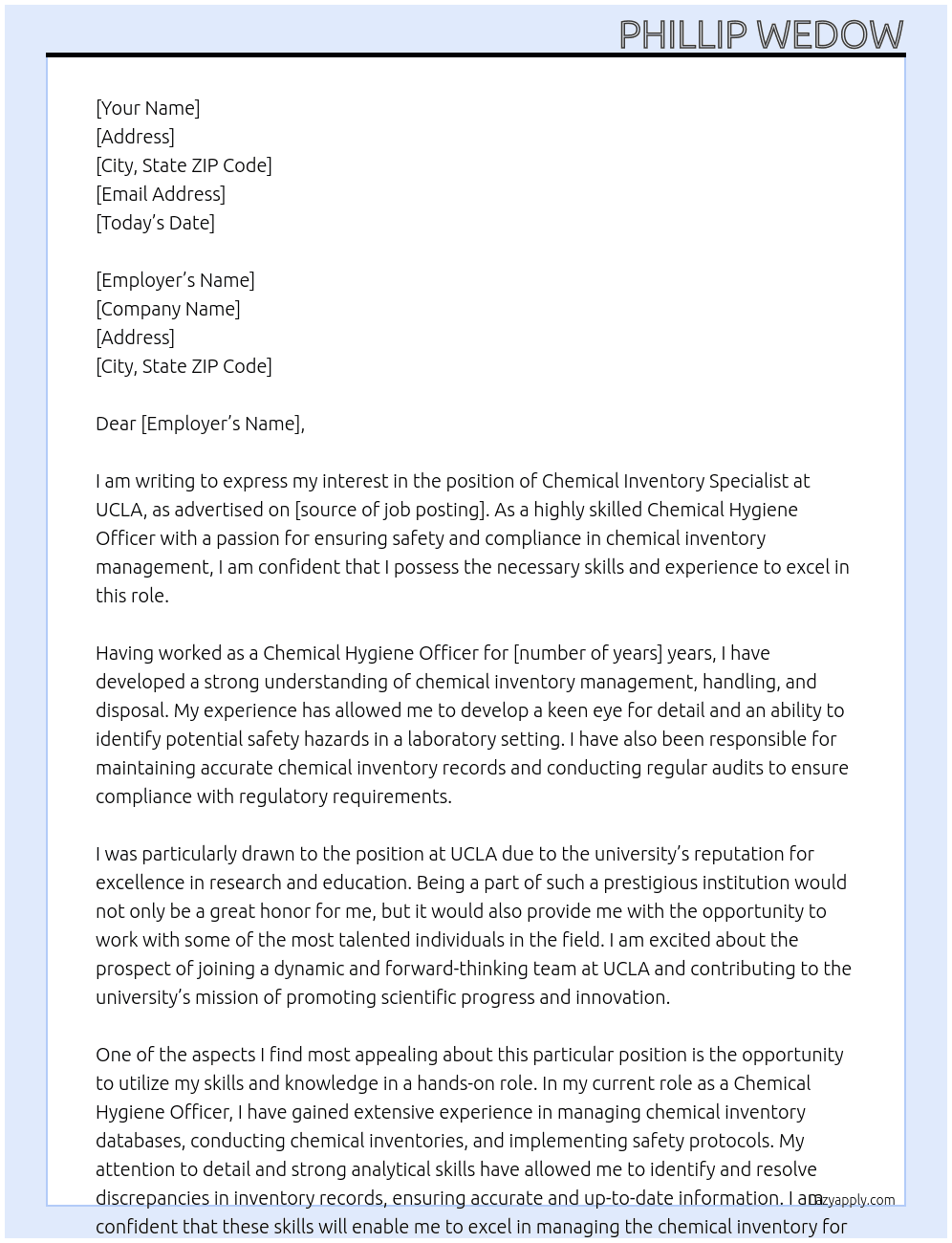 Chemical Inventory Specialist At UCLA Cover Letter