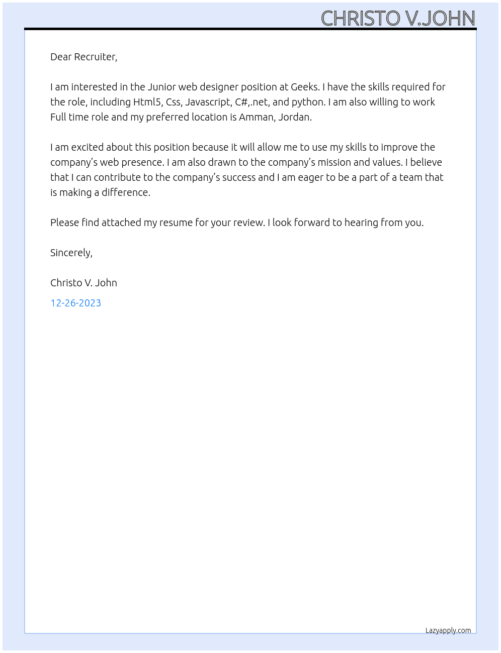 Junior web designer  At Geeks Cover Letter