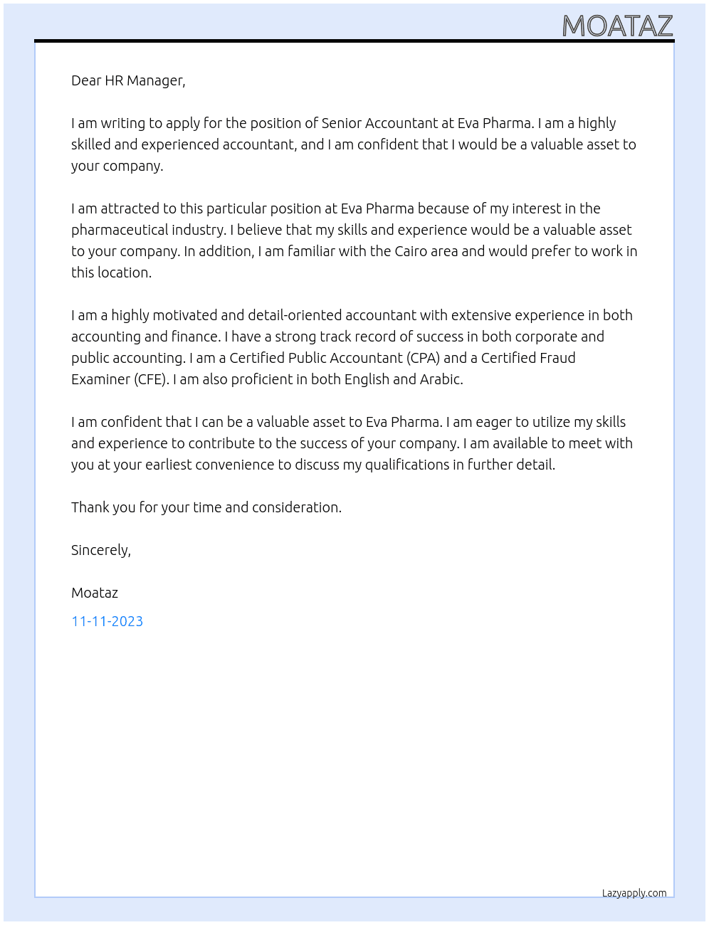 Senior accountant At Eva pharma Cover Letter