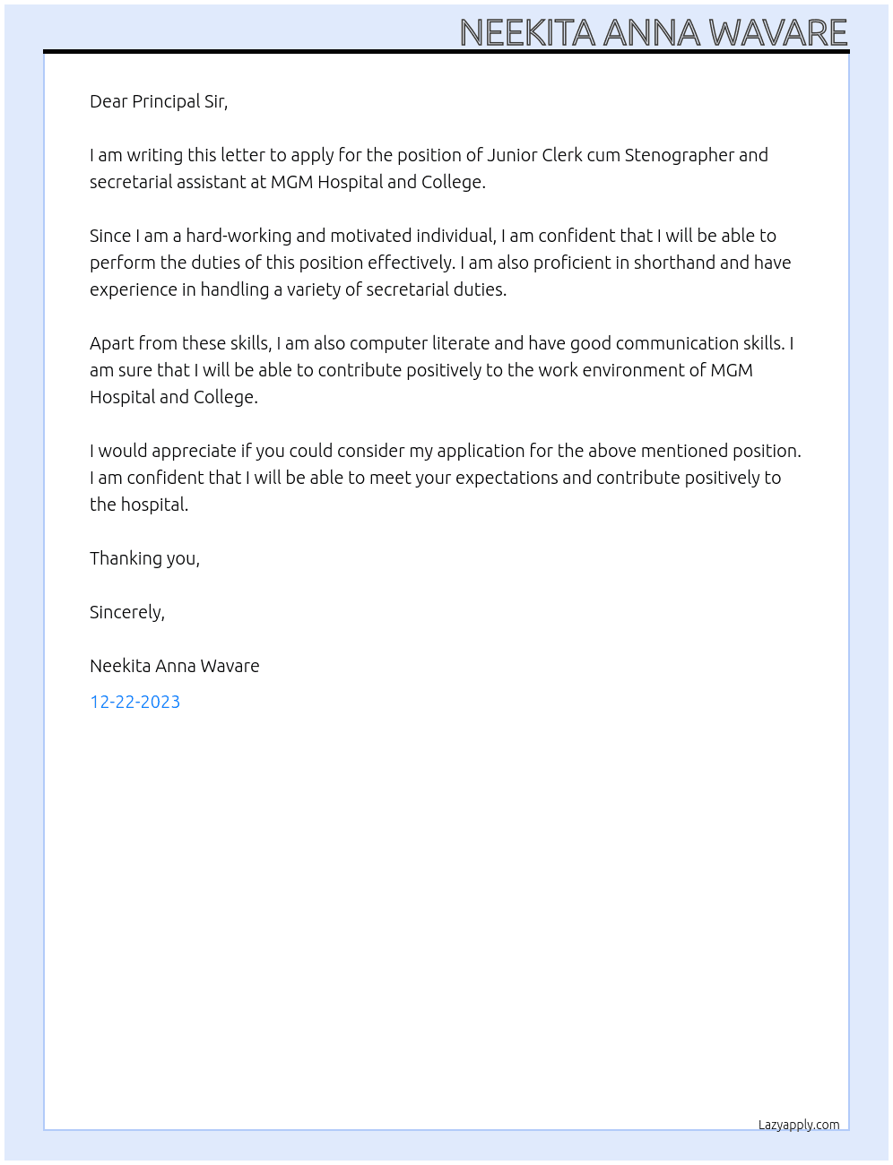 Junior Clerk cum Stenographer and secretarial assistant  At MGM Hospital and College Cover Letter
