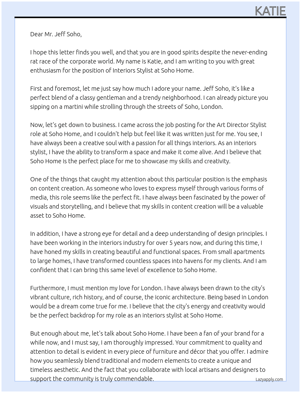 interiors stylist At soho home Cover Letter