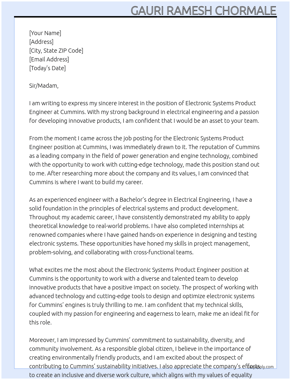 Electronic systems product engineer At Cummins Cover Letter
