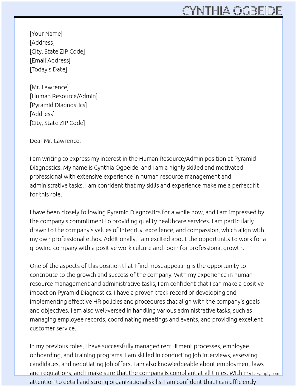 Human Resourse/Admin At Pyramid Diagnotics Cover Letter