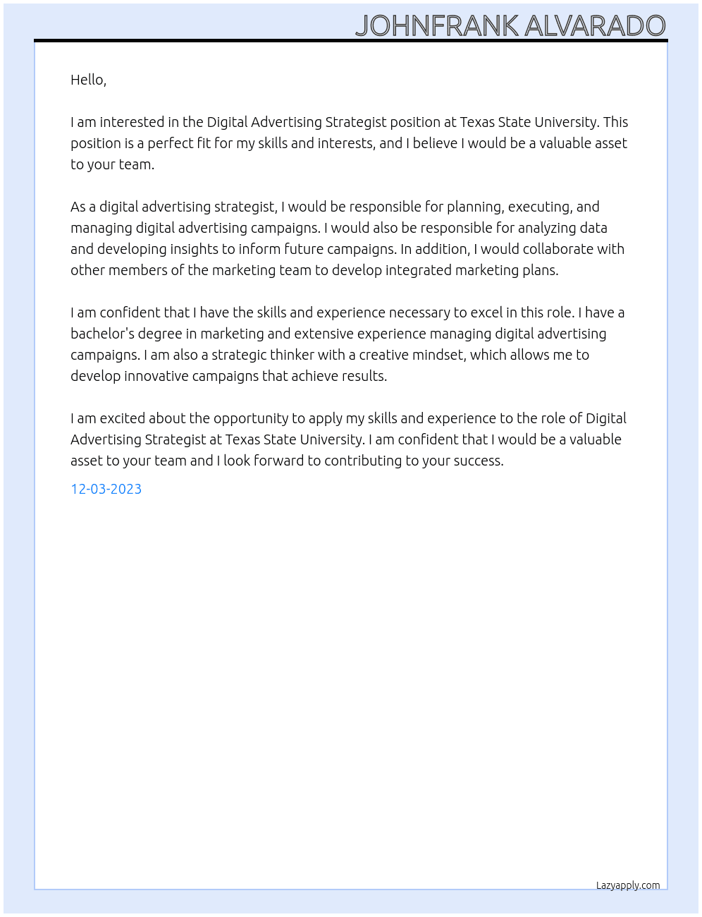 Digital Advertising Strategist At Texas State University Cover Letter