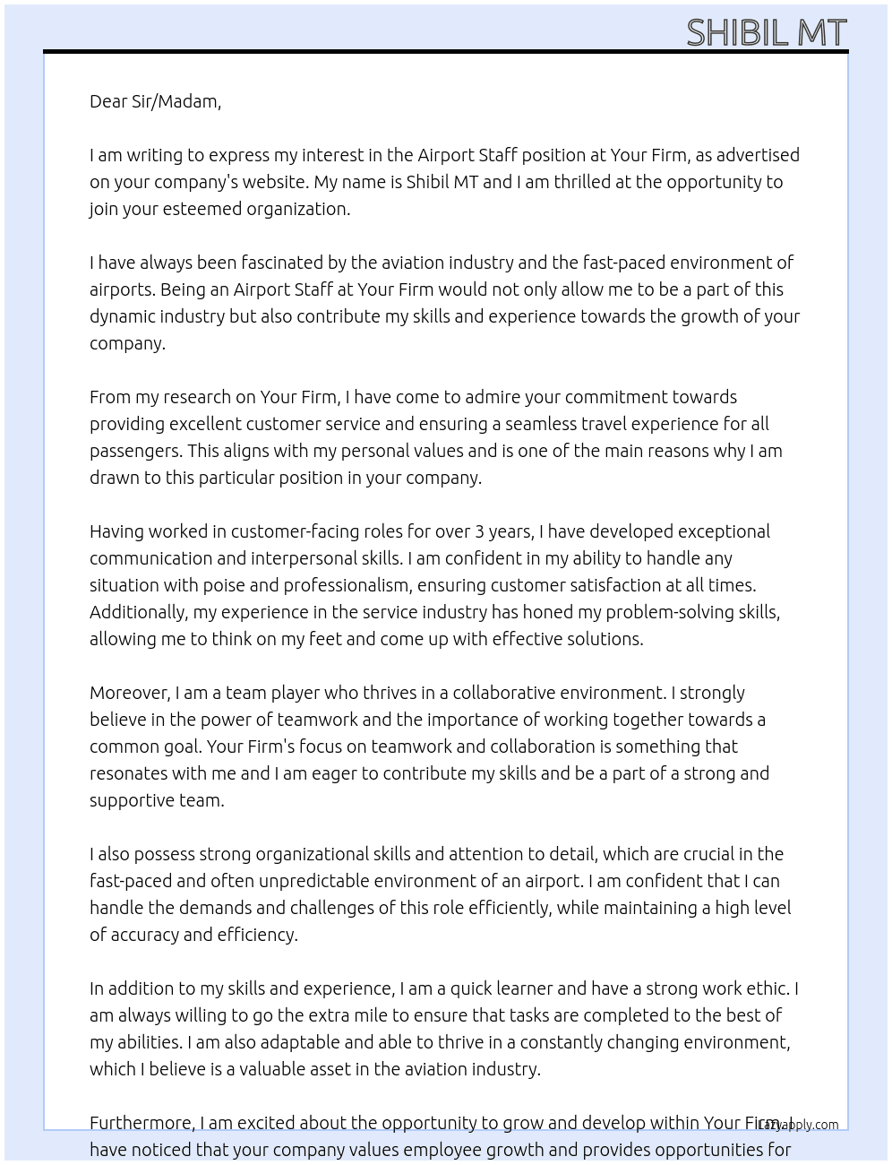 Airport staff At Your firm Cover Letter