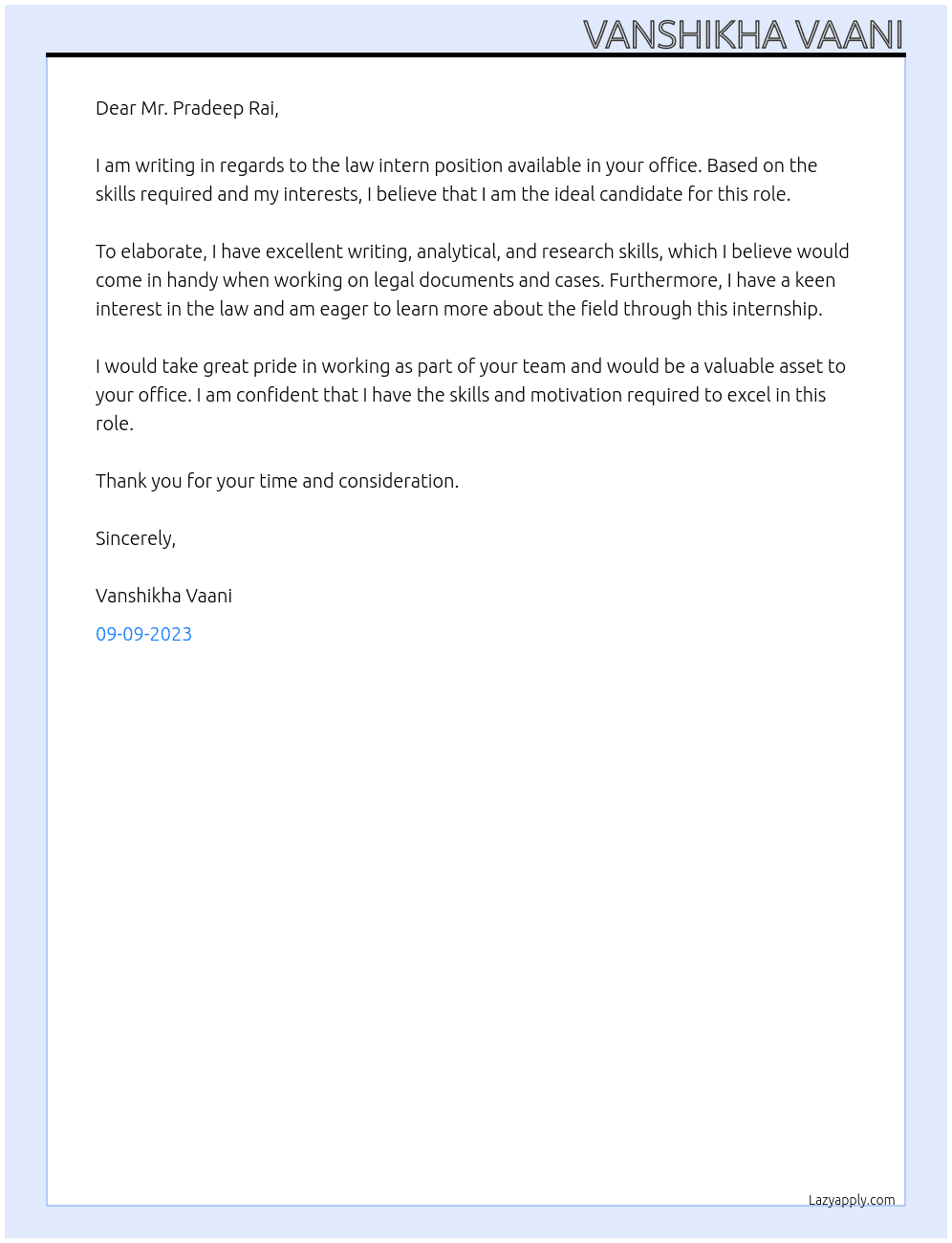 law intern At office of mr.pradeep rai Cover Letter