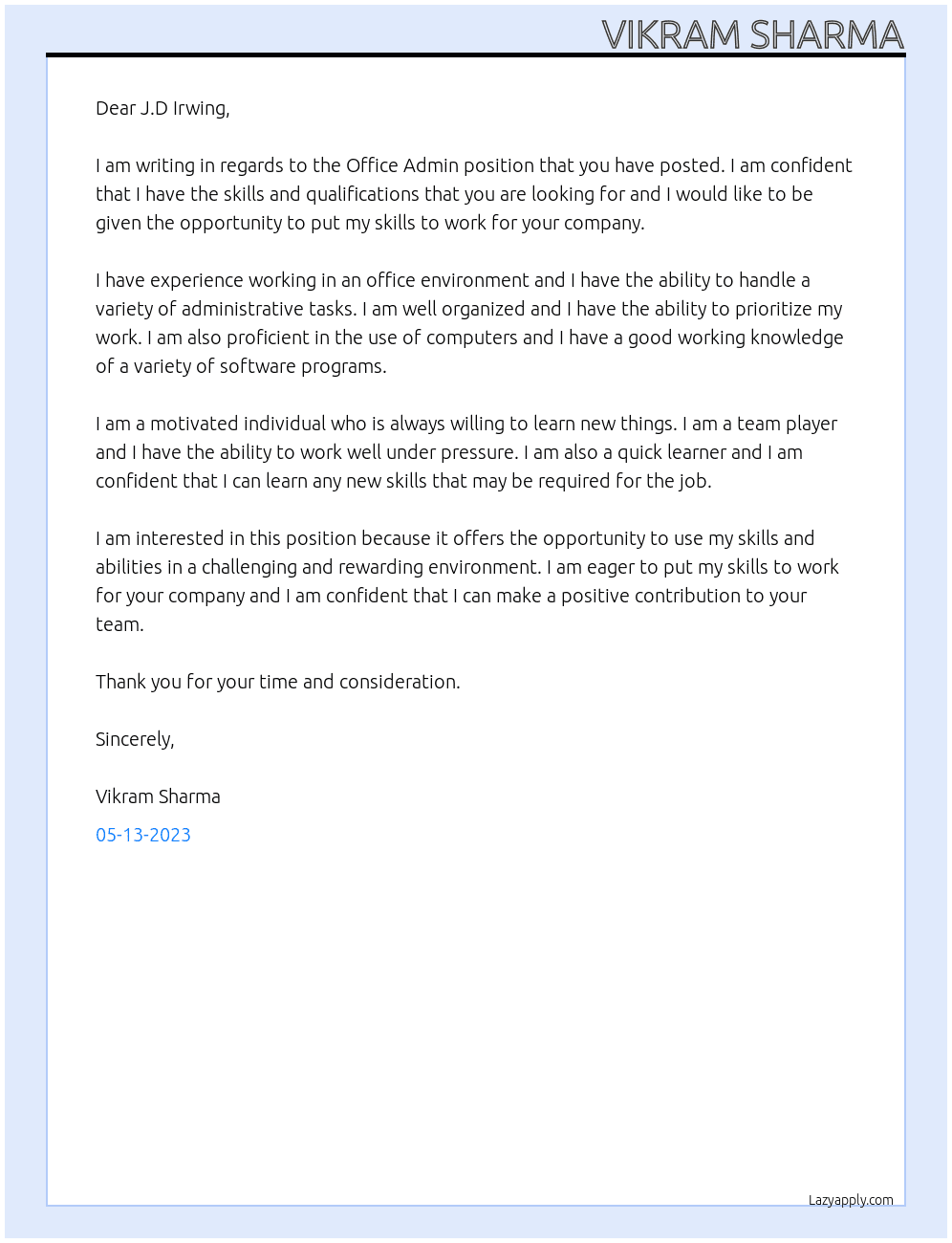 Office Admin At J.D Irwing Cover Letter
