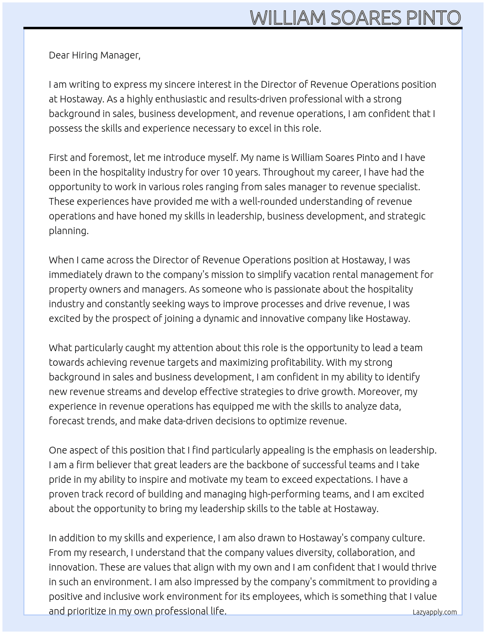 Director of Revenue Operations At Hostaway Cover Letter