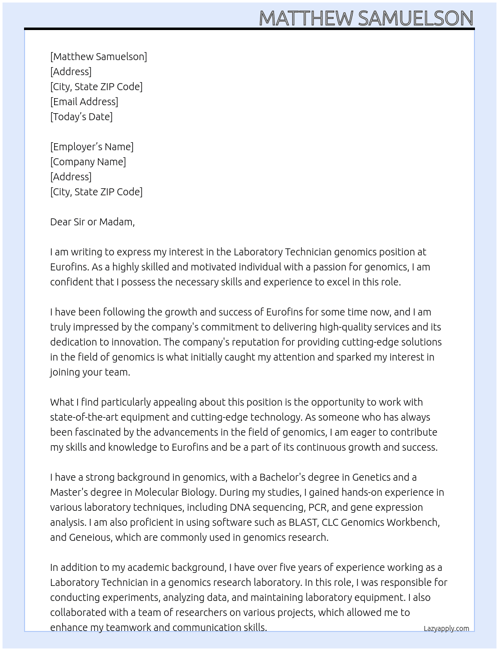 Laboratory Technician genomics At Eurofins Cover Letter
