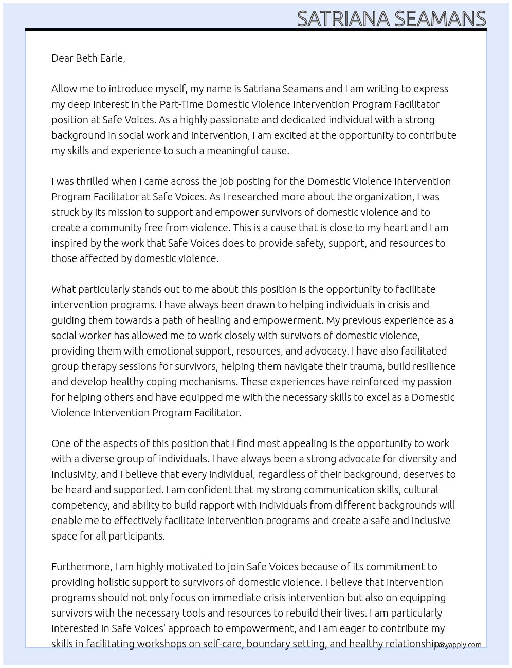 Part Time Domestic Violence Intervention Program Facilitator At Safe Voices Cover Letter