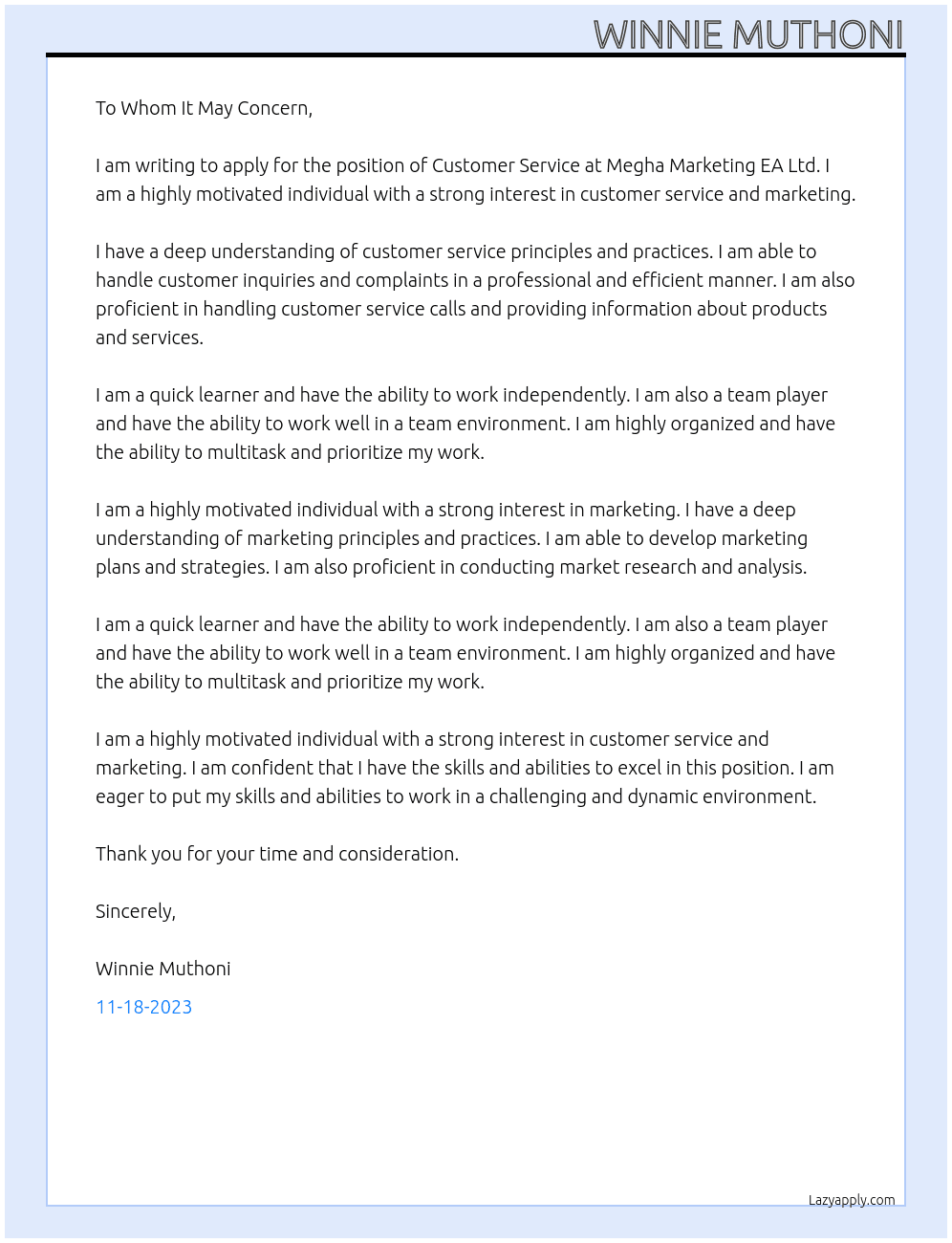 Customer Service At Megha Marketing EA Ltd Cover Letter