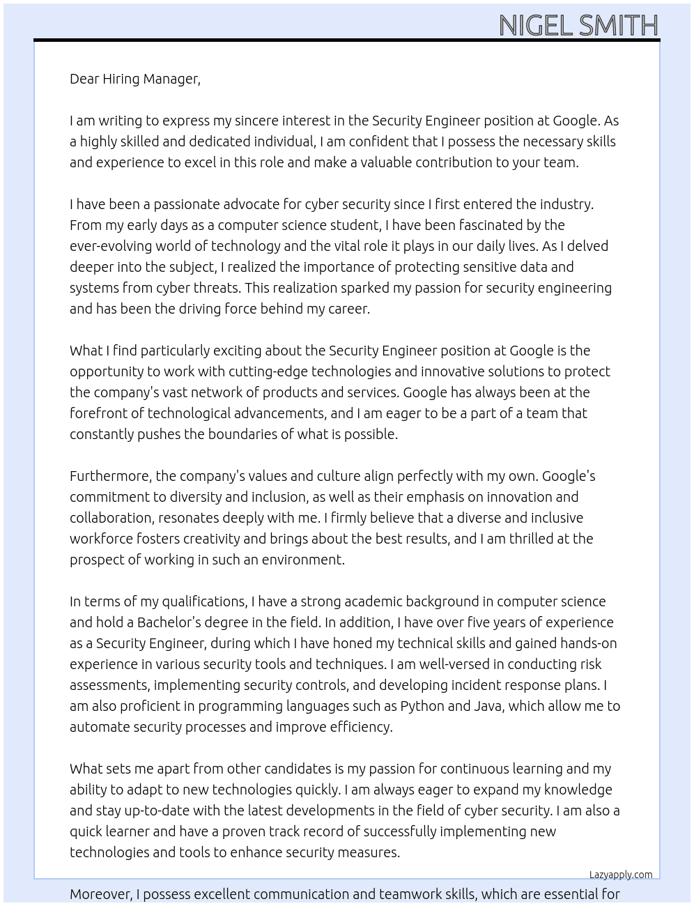 security engineer At google Cover Letter