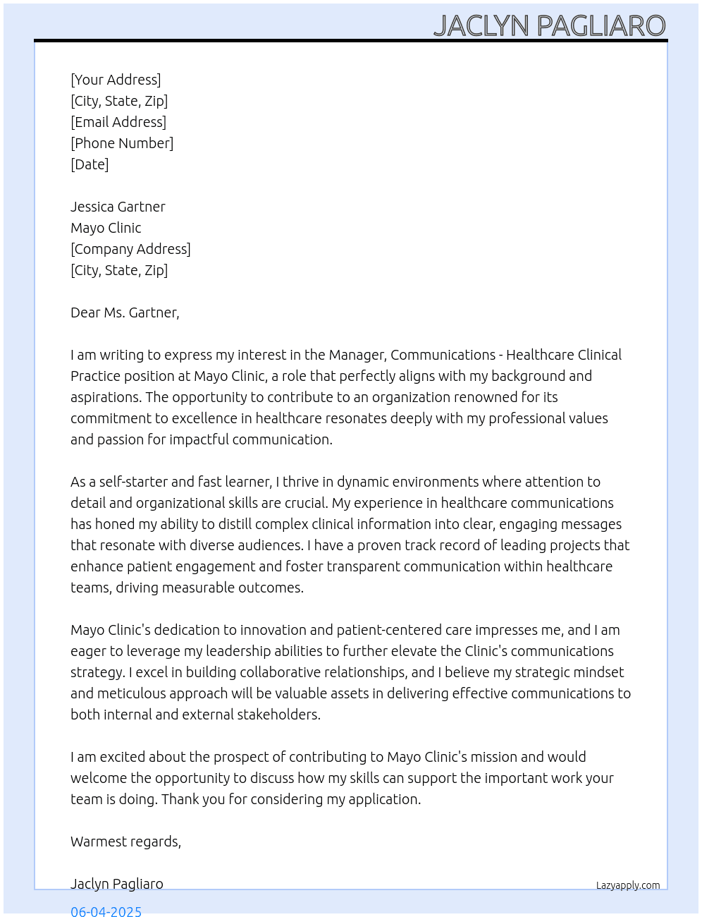 Manager, Communications - Healthcare Clinical Practice At Mayo Clinic Cover Letter