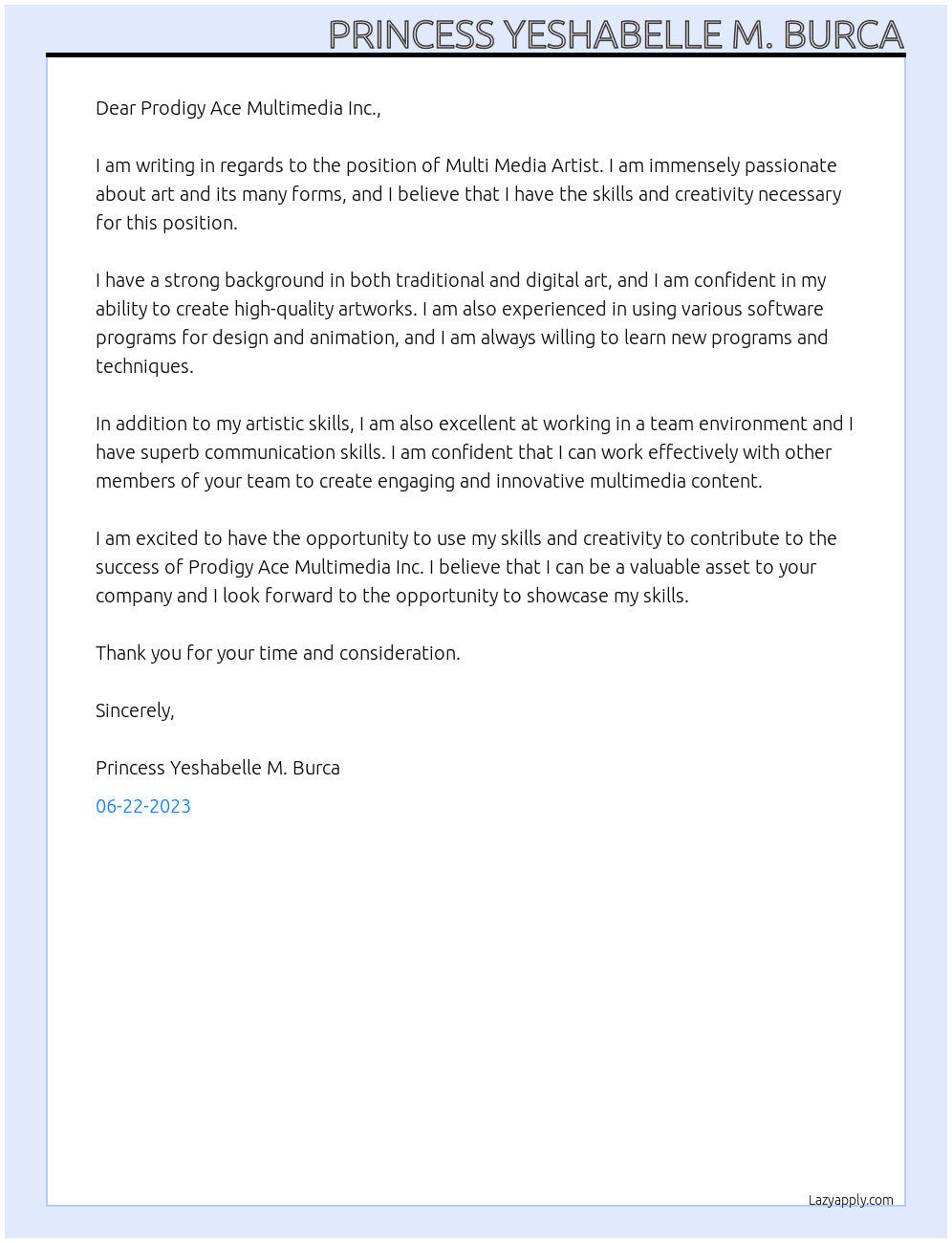 Multi Media Artist At Prodigy Ace Multimedia Inc. Cover Letter