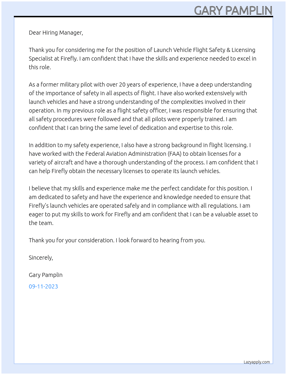 Launch Vehicle Flight Safety & Licensing Specialist At Firefly Cover Letter