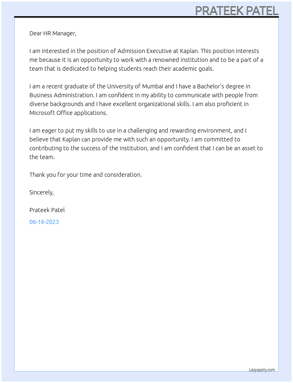 admission executive  At kaplan Cover Letter