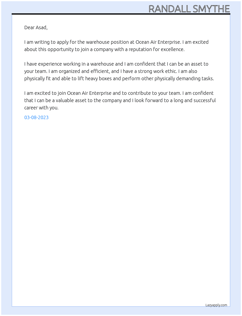 warehouse  At ocean air enterpise  Cover Letter