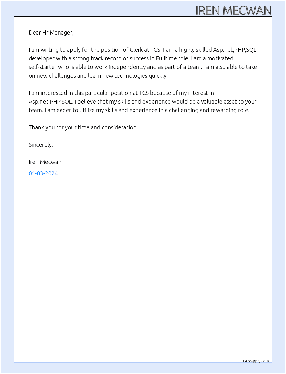 Clerk At TCS Cover Letter