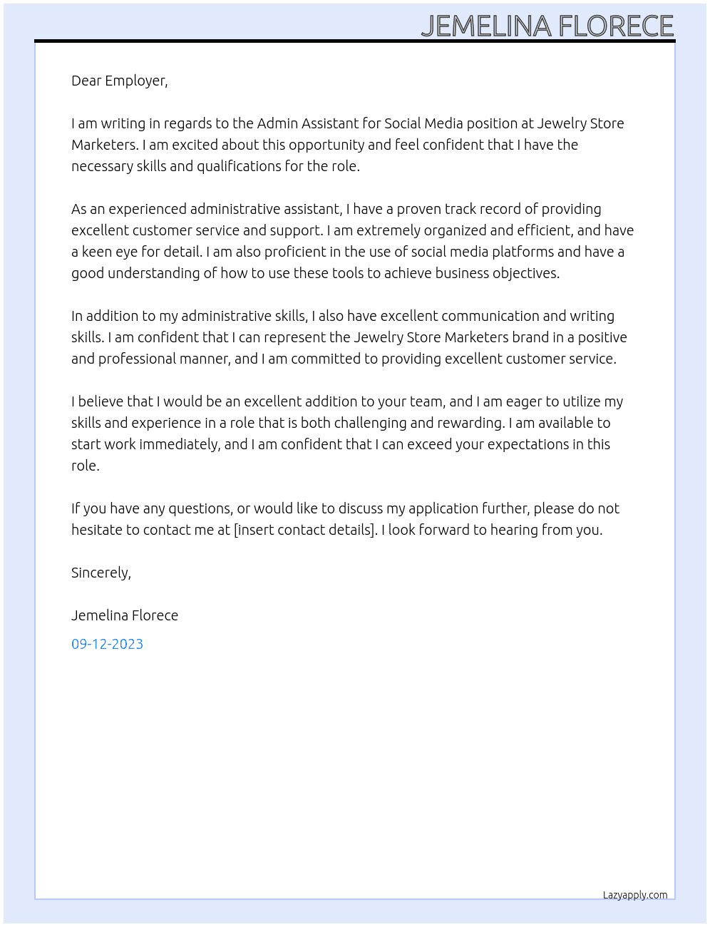 Admin Assistant for Social Media At Jewelry Store Marketers Cover Letter