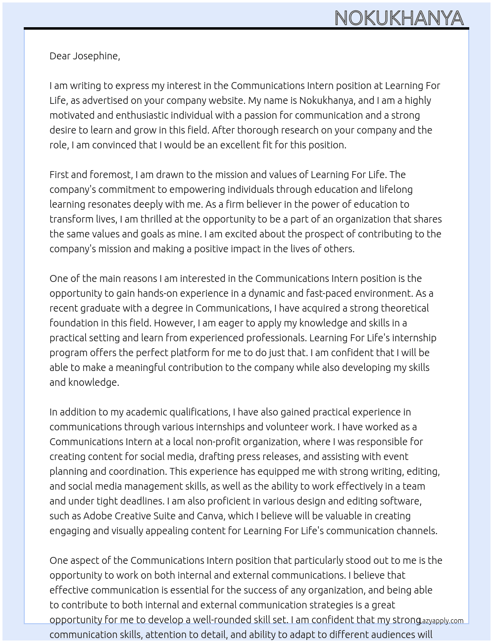 Communications Intern At Learning For Life Cover Letter