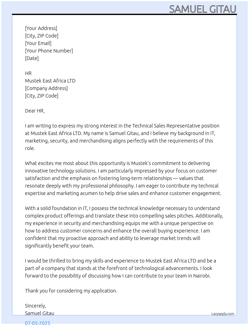 Technical sales representative At Mustek EastAfrica LTD Cover Letter
