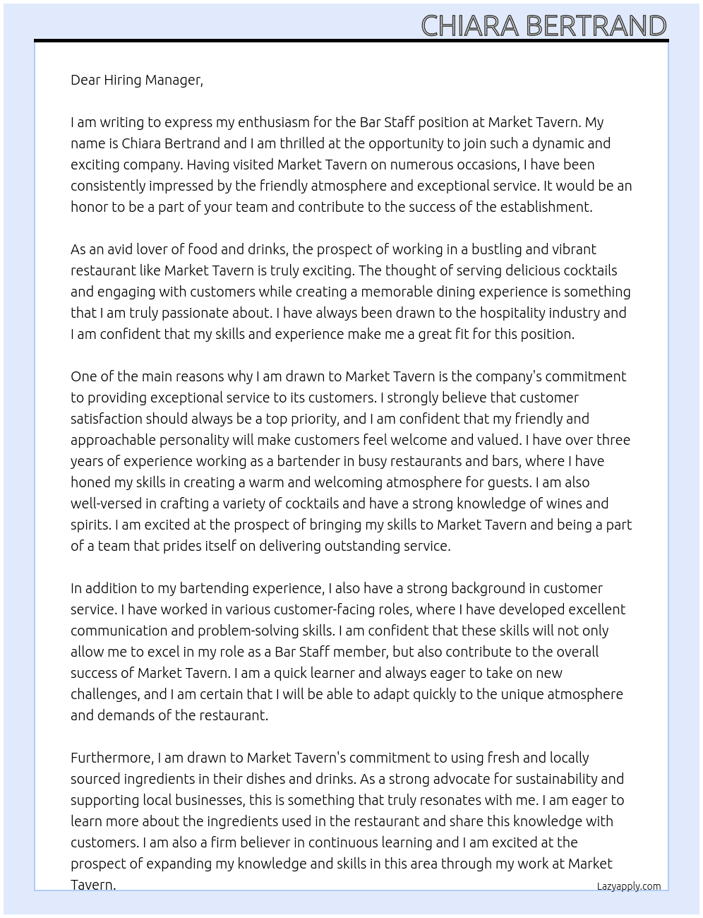 Bar Staff At Market Tavern Cover Letter