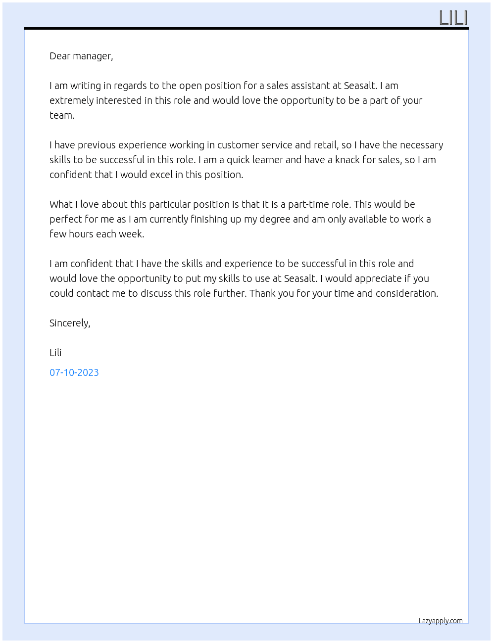 sales assistant At Seasalt Cover Letter