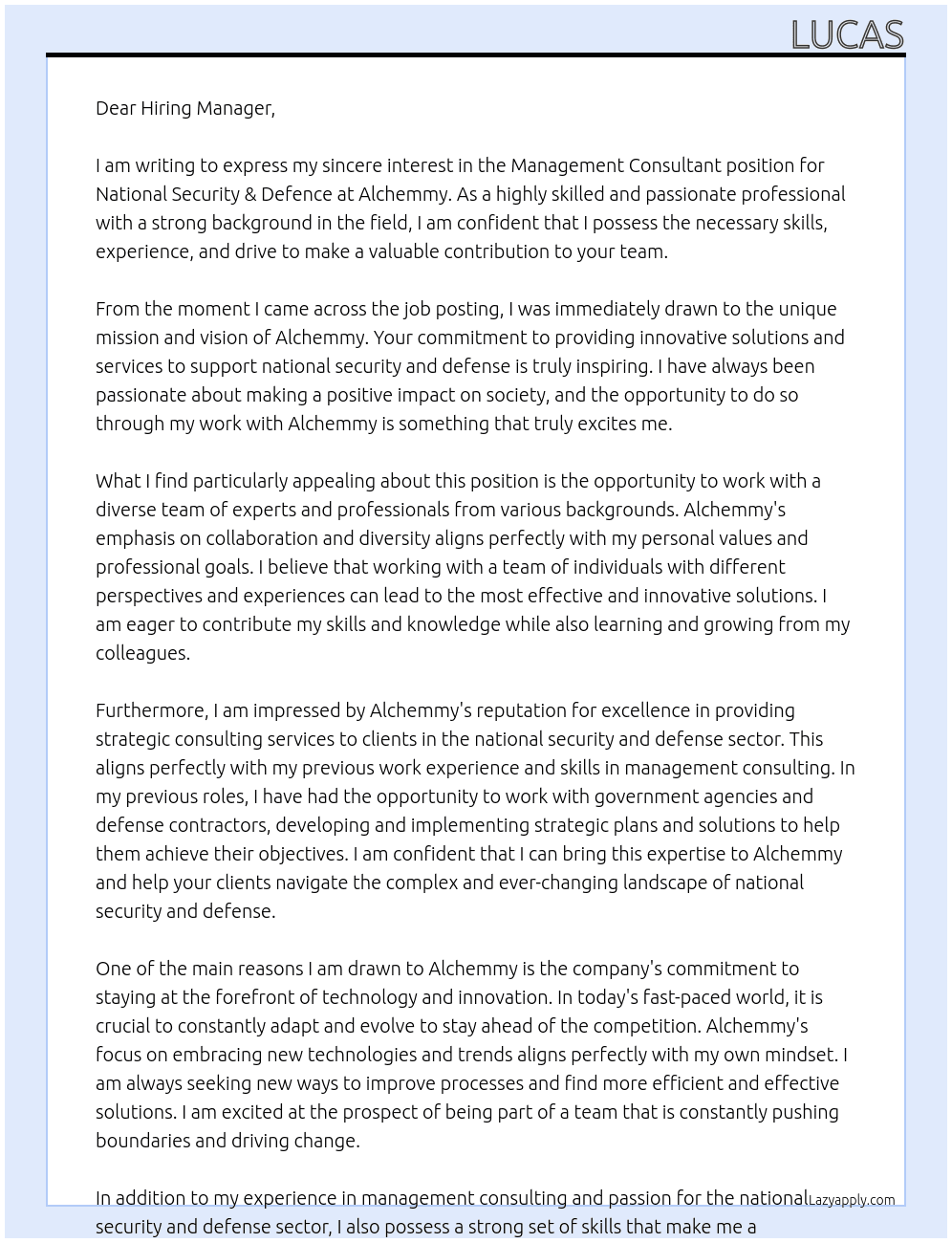 Management Consultant - National Security & Defence At Alchemmy Cover Letter