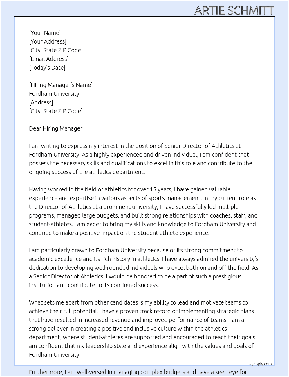 Senior Director of Athletics At Fordham University Cover Letter