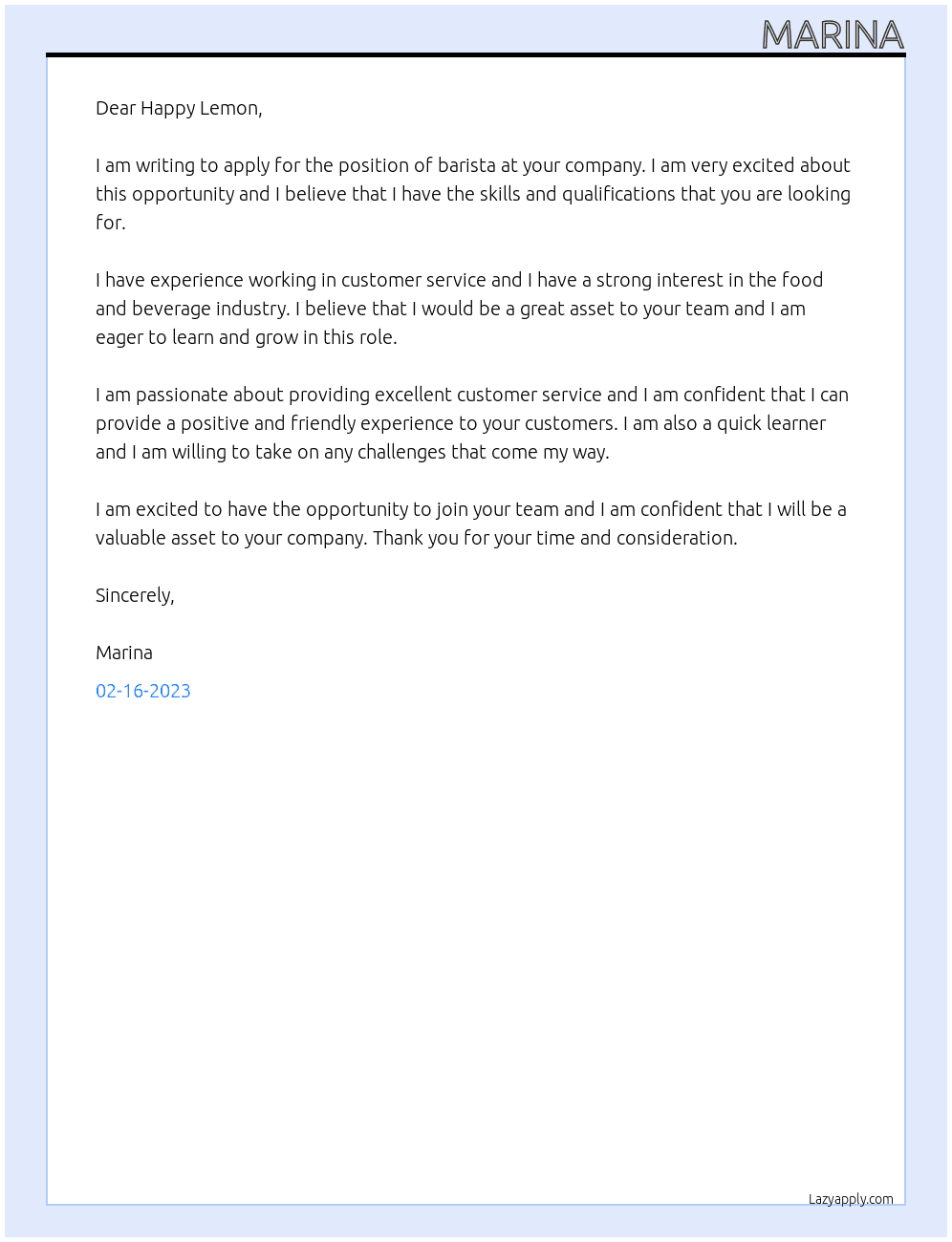 barista At Happy Lemon Cover Letter
