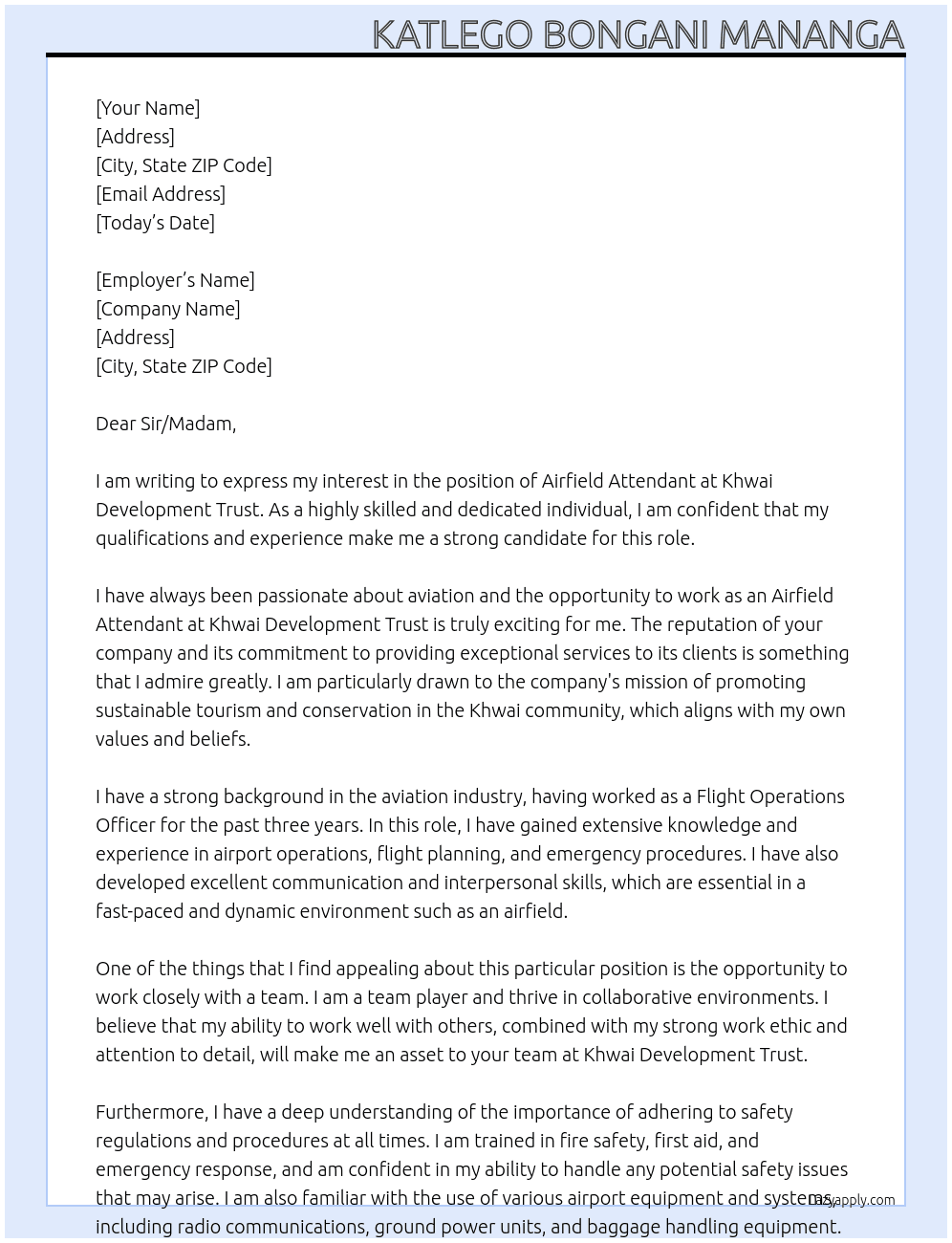 Airfield attendant At Khwai Development Trust Cover Letter